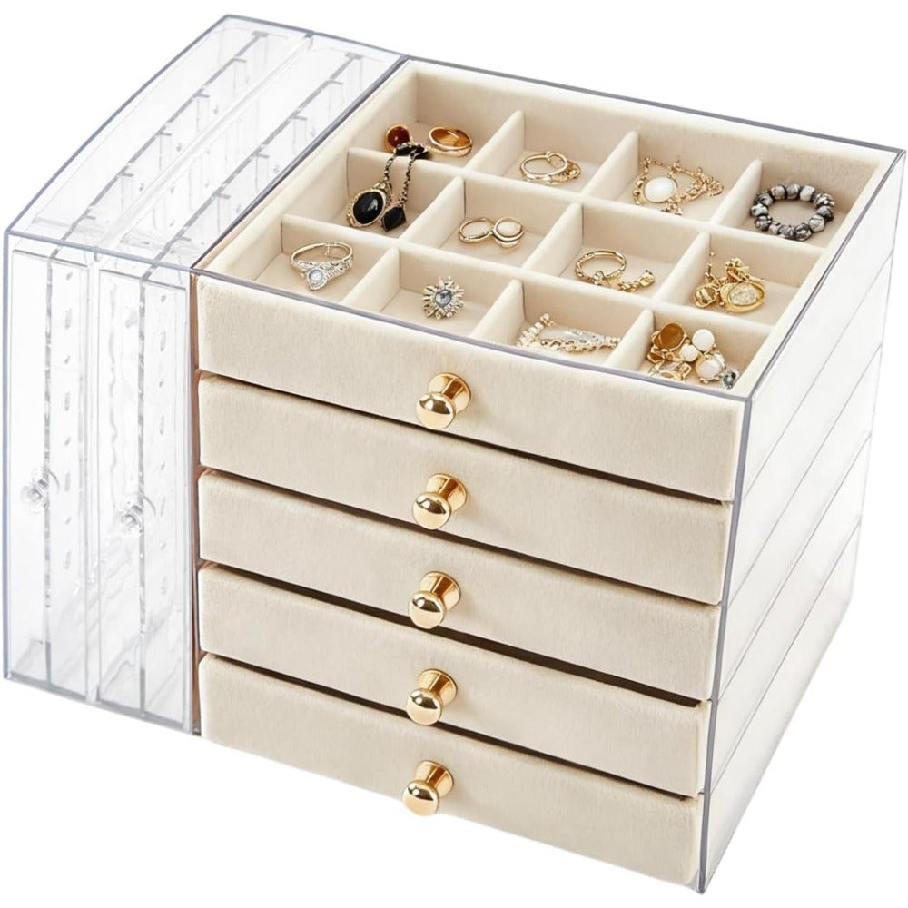 Caja de almacenamiento de joyas de gran capacidad con cajones y puerta lateral transparente, organizador multicapa para aretes, collares, anillos y pulseras, elegante solución de almacenamiento para tocador, joyeros