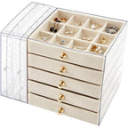 Caja de almacenamiento de joyas de gran capacidad con cajones y puerta lateral transparente, organizador multicapa para aretes, collares, anillos y pulseras, elegante solución de almacenamiento para tocador, joyeros