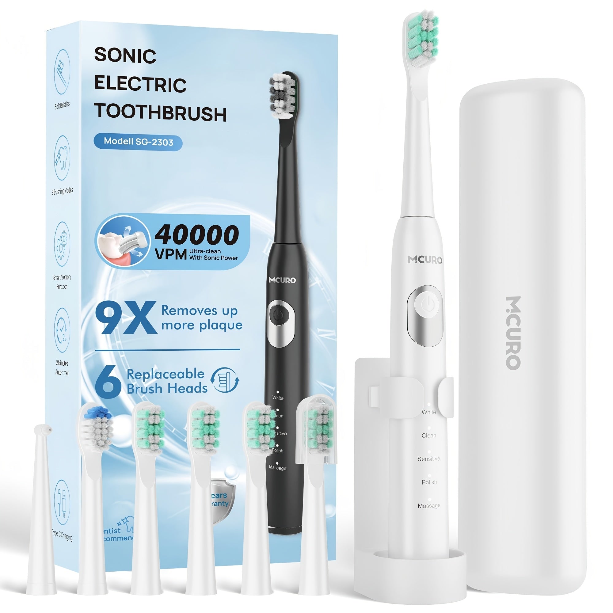 Cepillo de dientes sónico eléctrico para adultos con modos inteligentes y recargable por USB, tecnología de ondas de sonido apta para dientes y encías sensibles, cerdas suaves, 6 cabezales de cepillo, estuche de viaje y soporte de pared, apto para viajes,