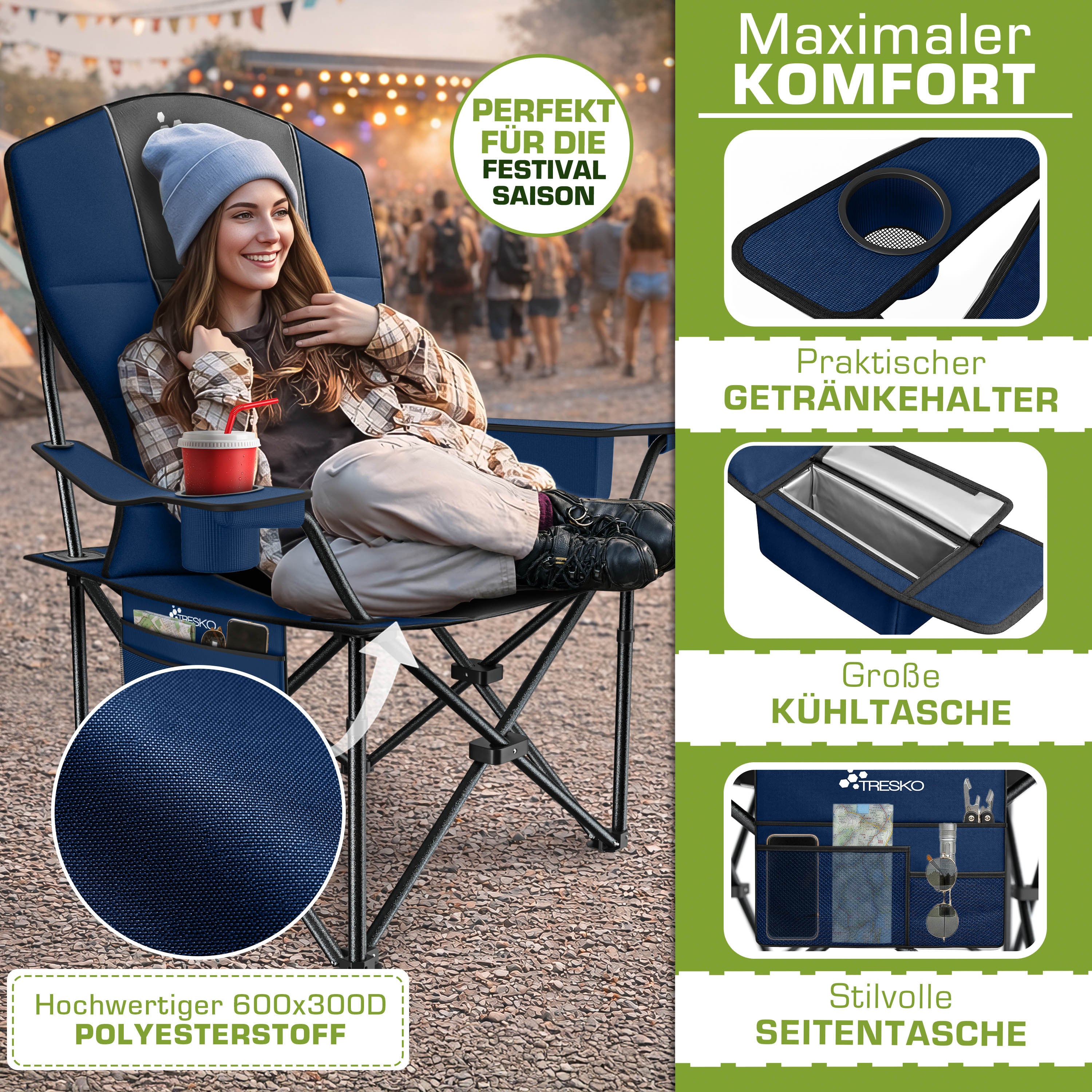 TRESKO® Silla de Camping Plegable hasta 200Kg | Silla Plegable con Bolsa Nevera, Portavasos y Bolsillo Lateral | Silla XXL Plegable Incluye Bolsa de Transporte | Silla de Pesca Acolchada para Exterior, Pesca, Festival y Jardín