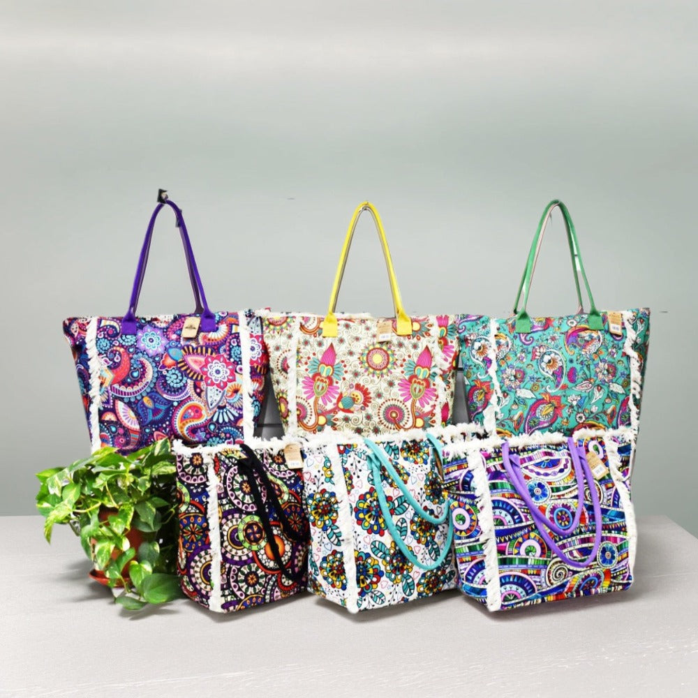 MEJORADA Bolso de Playa Grande con Estampado Colorido y Flecos, Estilo Tote con Forro Interior, Tamaño 55x35x20 cm - Ideal para Playa, Piscina y Viajes