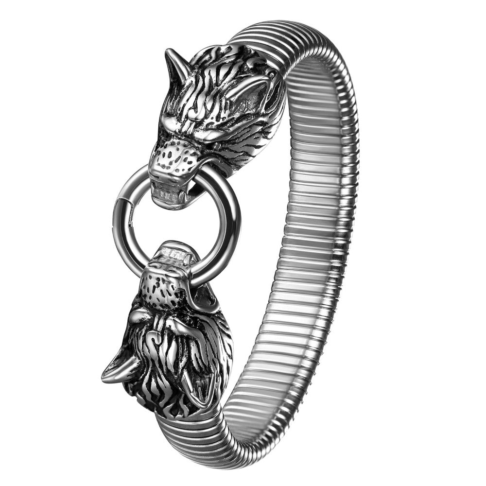 Pulsera Elástica Vikinga Loba: Amuleto Nórdico para Hombre con Cabezal de Loba Gótico Vintage Hip-Hop en Diseño de Brazalete de Acero Inoxidable
