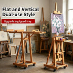 Caballete de gran tamaño de alta resistencia con estructura en H para adultos - Soporte de artista plegable con ruedas y altura ajustable con base de madera, sostiene 1 o 2 lienzos de hasta 240 cm, caballete de pintura portátil para estudio, exhibición al