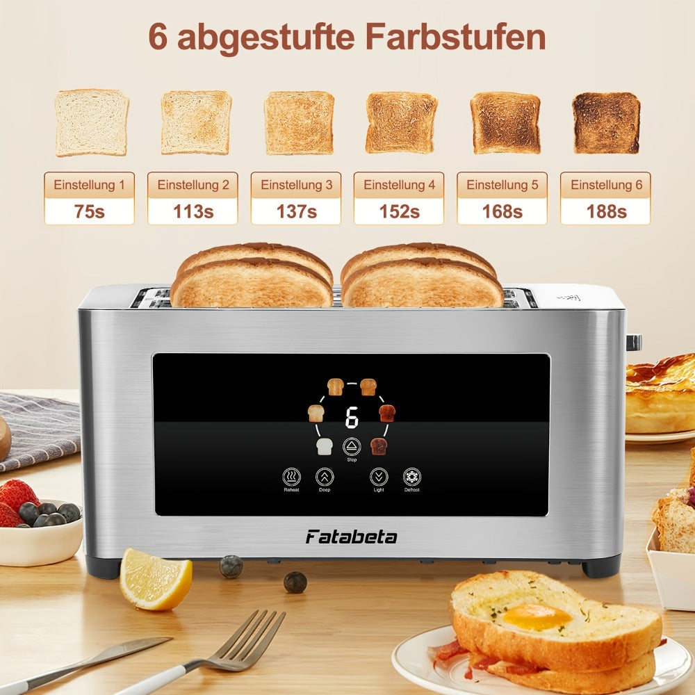Tostadora de Pan 1400W, Tostadora de Acero Inoxidable, Pantalla Táctil LCD, 2 Ranuras Anchas para Tostadas, Tostadora de 4 Rebanadas, 7 Niveles de Marron, con Calentador de Rosquillas, Bandeja de Salpicaduras Extraíble