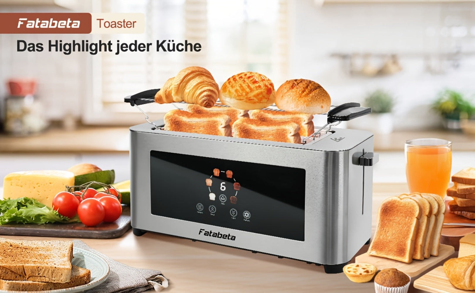 Tostadora de Pan 1400W, Tostadora de Acero Inoxidable, Pantalla Táctil LCD, 2 Ranuras Anchas para Tostadas, Tostadora de 4 Rebanadas, 7 Niveles de Marron, con Calentador de Rosquillas, Bandeja de Salpicaduras Extraíble