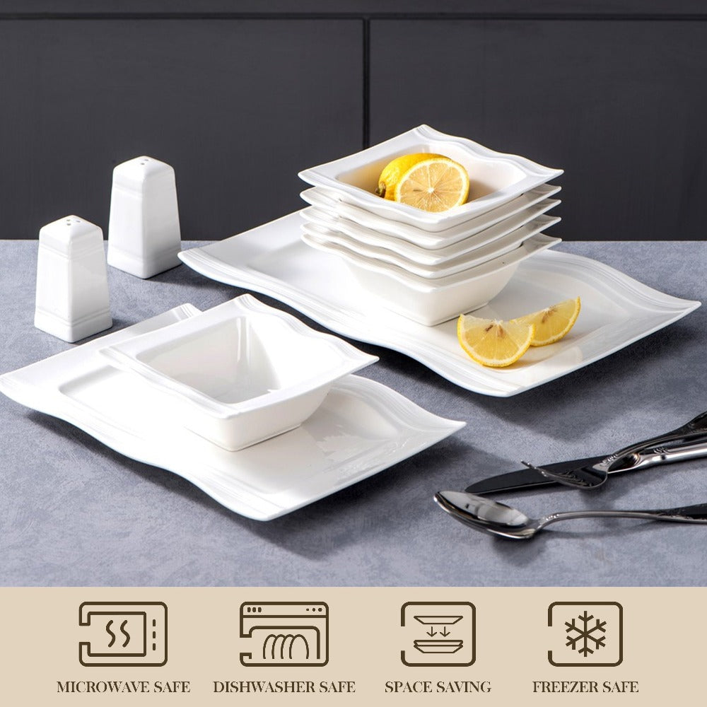 Juego de vajilla de 28 piezas, platos y tazones de porcelana blanco marfil