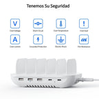 Soopii Hub de Carga Multi-Dispositivo de 5 Puertos, con 2 Puertos PD de 20W para Carga Rápida y 3 Puertos USB Compatibles con iPhones, iPhone 17, Smartphones, Tablets y Más. Incluye un Organizador de Cables, Perfecto para Regalos de Navidad. (Cables No In