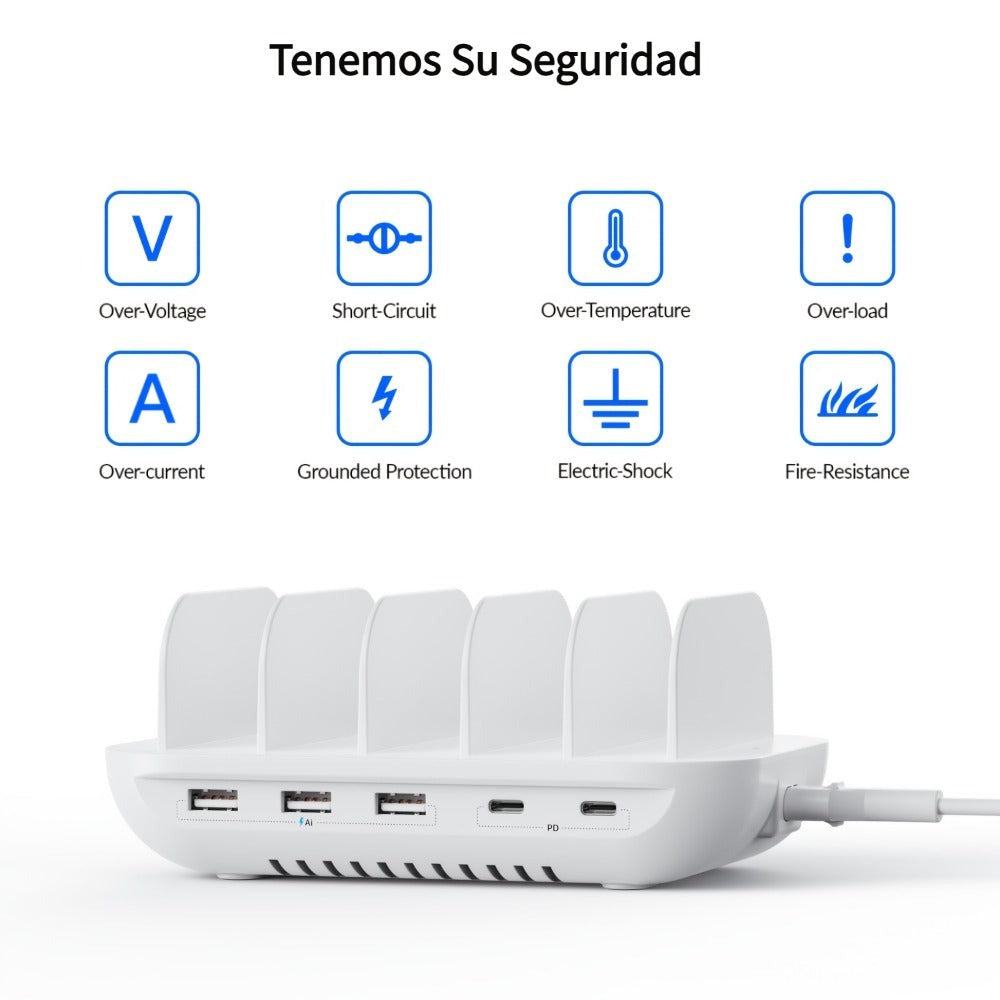 Soopii Hub de Carga Multi-Dispositivo de 5 Puertos, con 2 Puertos PD de 20W para Carga Rápida y 3 Puertos USB Compatibles con iPhones, iPhone 17, Smartphones, Tablets y Más. Incluye un Organizador de Cables, Perfecto para Regalos de Navidad. (Cables No In