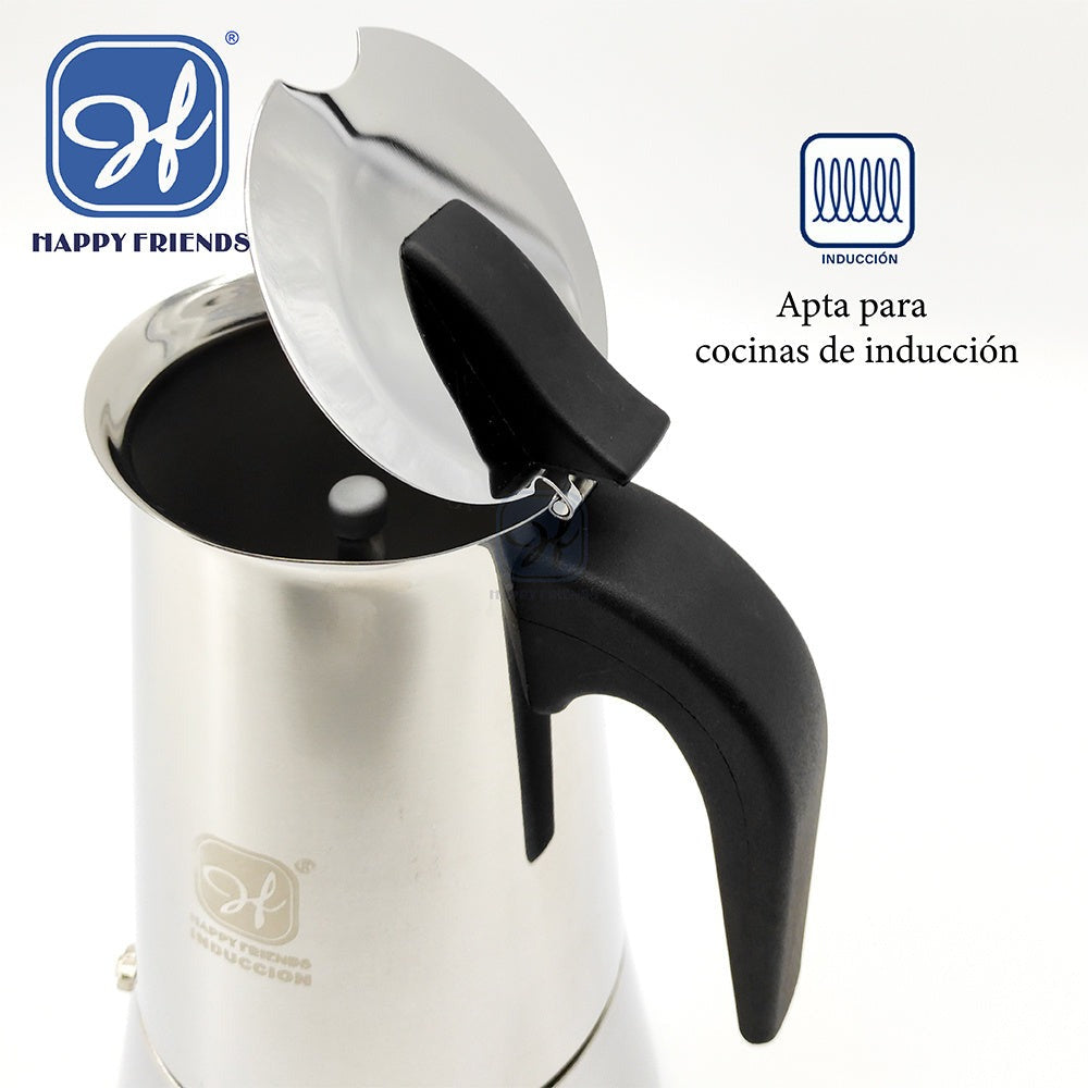 Cafetera Italiana Espresso de Acero Inoxidable para Inducción Vitro Gas Eléctrica. Cafetera de distintos tamaños 2/4/6/10 Tazas - Happy Friends