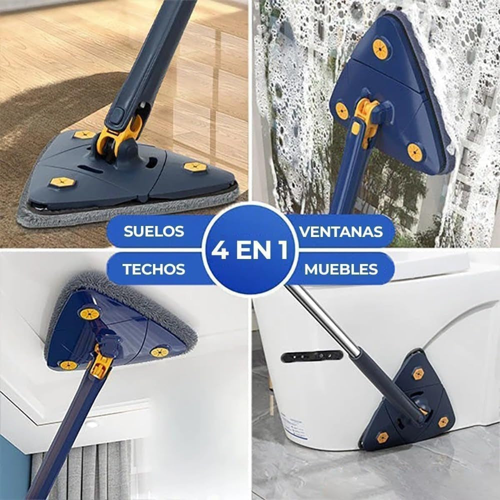 Mopa Triangular Limpieza Giratoria 360 para Limpiar Suelos, Paredes, Ventanas, Techos y Muebles. Fregona Triangular Microfibra, Función Autoescurrible, Incluye 2 Recambios. Cabezal de 27 x 27 x 27 cm, con un Mango Extensible de hasta 130 cm. - Dekohome
