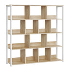 Estantería de Oficina, Estante de Almacenamiento, Estante de 4 Niveles, Estantería de 14 Compartimentos, Adecuada para Oficinas, Estudios y Salas de Estar, 120x30x120 cm, Color Madera Quemada/Veta de Madera Clara + Blanco