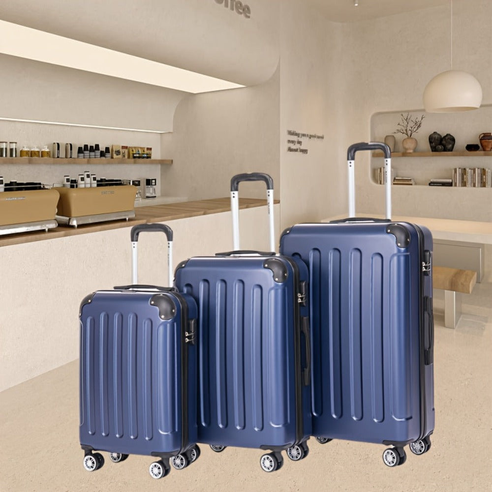 Un conjunto de tres maletas, incluyendo una maleta de mano de 20 pulgadas para viajes, con cerradura de contraseña y ruedas giratorias de 360 grados, que consta de tamaños mediano, grande y extra-grande
