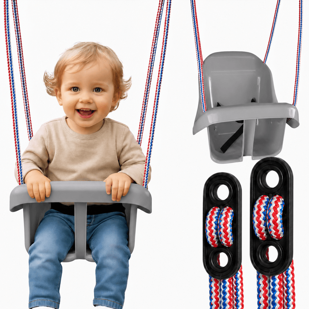 Colgacama tipo cubo para niños con cinturón de seguridad y cuerdas ajustables, asiento con respaldo alto y protección lateral, polipropileno duradero resistente a las condiciones climáticas y radiación UV, colgacama fácil de limpiar para el jardín, terraz