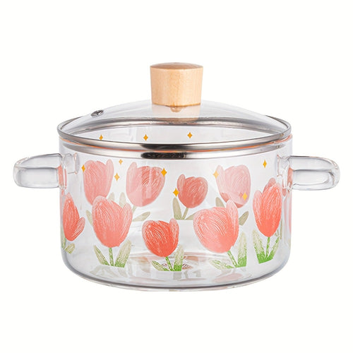 1 pieza de olla de vidrio con estampado de tulipán para sopa, 1500ml/50.7oz. Hecha de vidrio de borosilicato, adecuada para estufas de gas, estufas portátiles, estufas de cartucho, cerámicas eléctricas, no apta para cocinas por inducción, ollita pequeña c