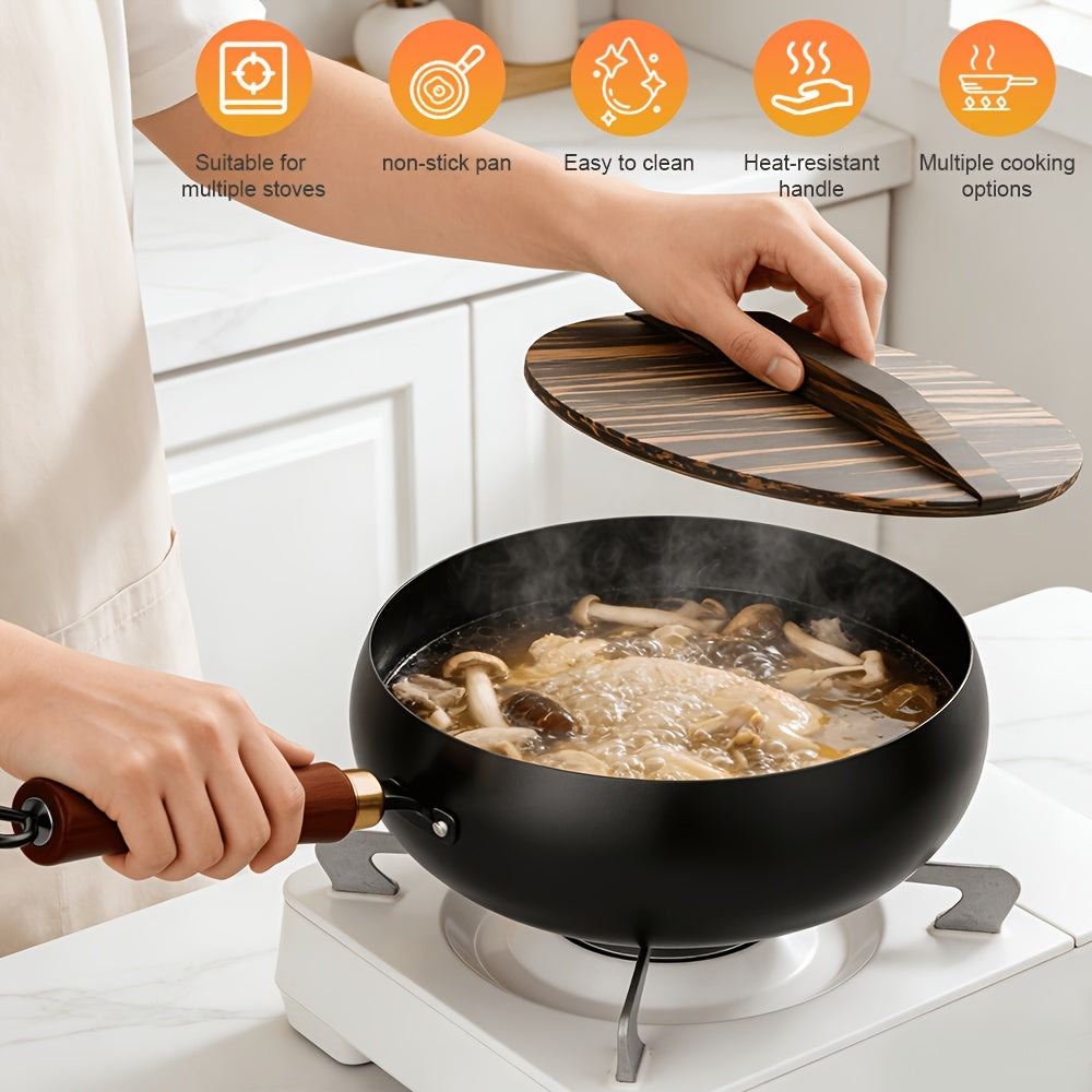 Sartén de hierro fundido duradera, fondo redondo, sartén de hierro forjado sin recubrimiento, fácil de limpiar, apta para estufas de inducción y gas, utensilios de cocina multifuncionales, apta para el hogar, restaurante y camping al aire libre, incluye t