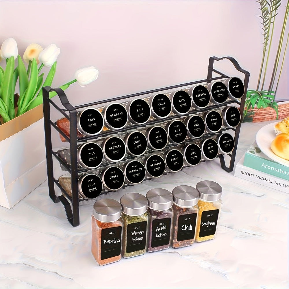 SAEIV Estante Vertical para Especias con Frascos, Un Estante de Pared Dorado de 3 Niveles para Especias con 24 Frascos de Especias de 120ml, Equipado con Etiquetas Impermeables y a Prueba de Aceite, Embudos, Bolígrafos y Caja de Almacenamiento de Especias