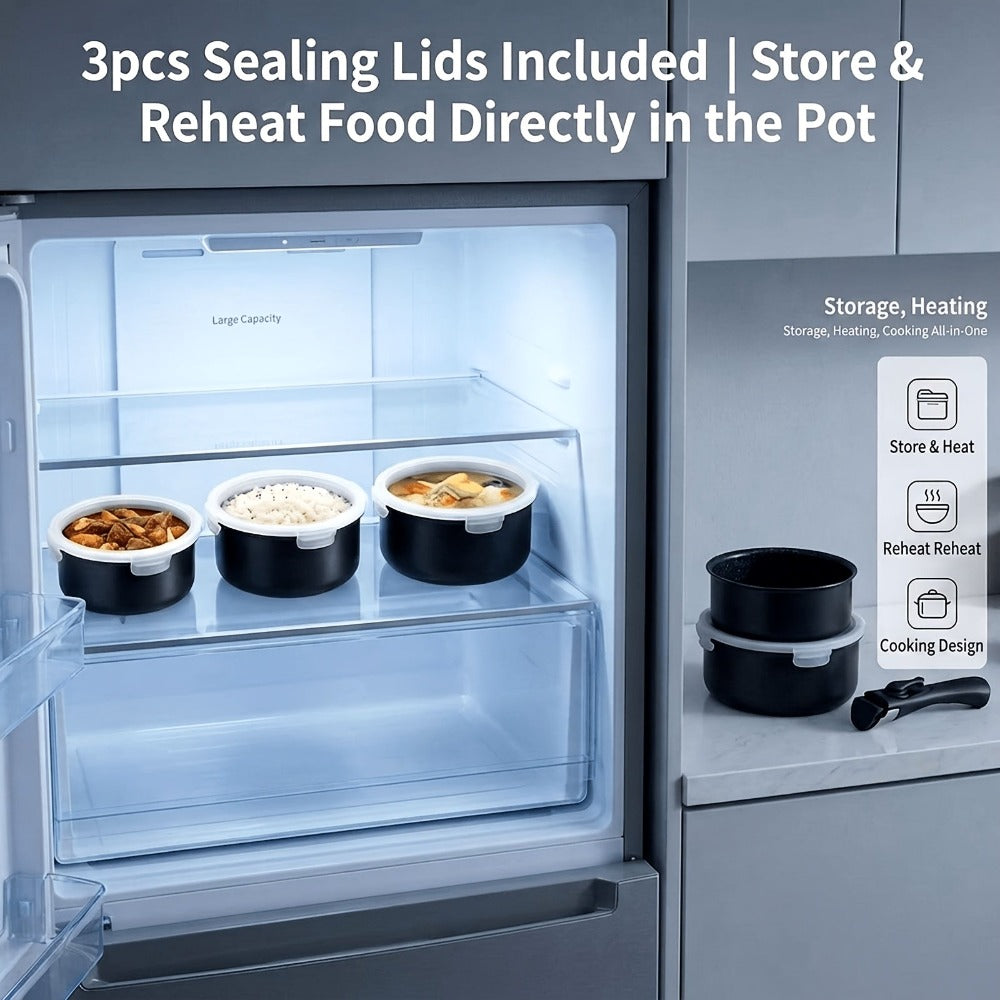Juego de sartén antiadherente para inducción de 7 piezas con sartenes de 1.5, 2 y 3Qt + 3 tapas para nevera y mango extraíble, sin PFOA - Accesorios aptos para lavavajillas para todas las cocinas (gas, eléctrica, halógena, cerámica)
