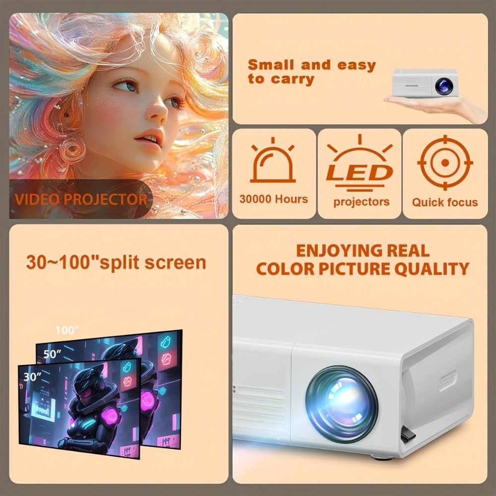 Mini proyector LCD AOC, Beamer portátil con altavoces, control remoto, conectividad USB, compatible con IOS, Android, Windows, PS4 para películas y juegos