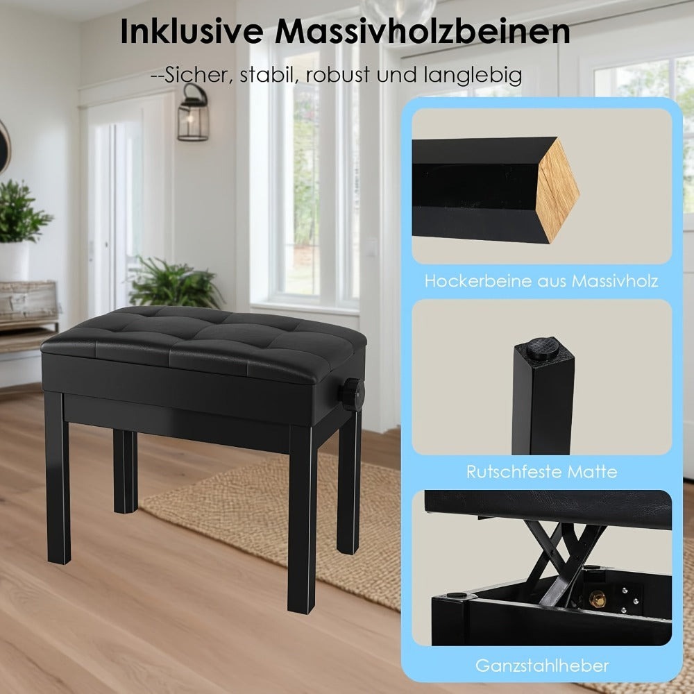 Banco para instrumento de teclado, Banco para piano, Altura ajustable 48-58 cm, Banco para piano con espacio de almacenamiento, Cojín de cuero sintético, Capacidad de carga hasta 150 kg, Banco multifuncional, Se puede utilizar como taburete de vestir, tab