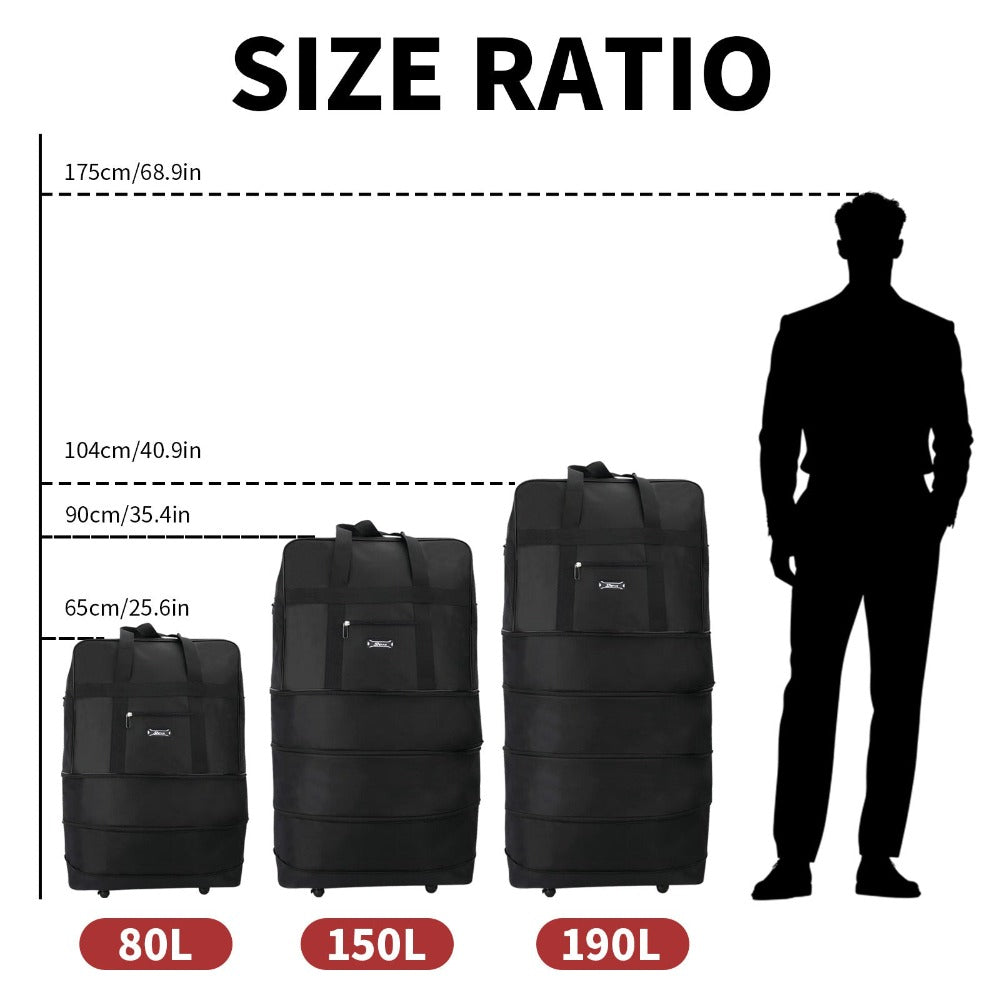 Bolsa de viaje de tela duradera diseñada para flexibilidad con espacio expandible. Viene con ruedas suaves y asas reforzadas para un transporte versátil. Incluye un práctico bolsillo frontal. Disponible en 3 tamaños, perfecta para todas tus necesidades de