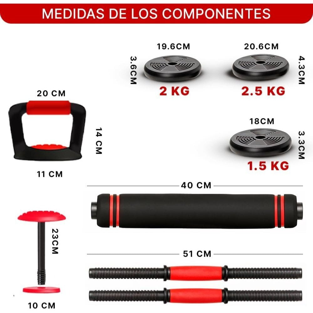 Juego de Mancuernas Ajustables 2 en 1. 10kg a 50kg - Kit de Pesas con Barra Recta Ajustable y Antideslizante - Pesas y Mancuernas Discos Recubiertos