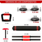 Juego de Mancuernas Ajustables 2 en 1. 10kg a 50kg - Kit de Pesas con Barra Recta Ajustable y Antideslizante - Pesas y Mancuernas Discos Recubiertos