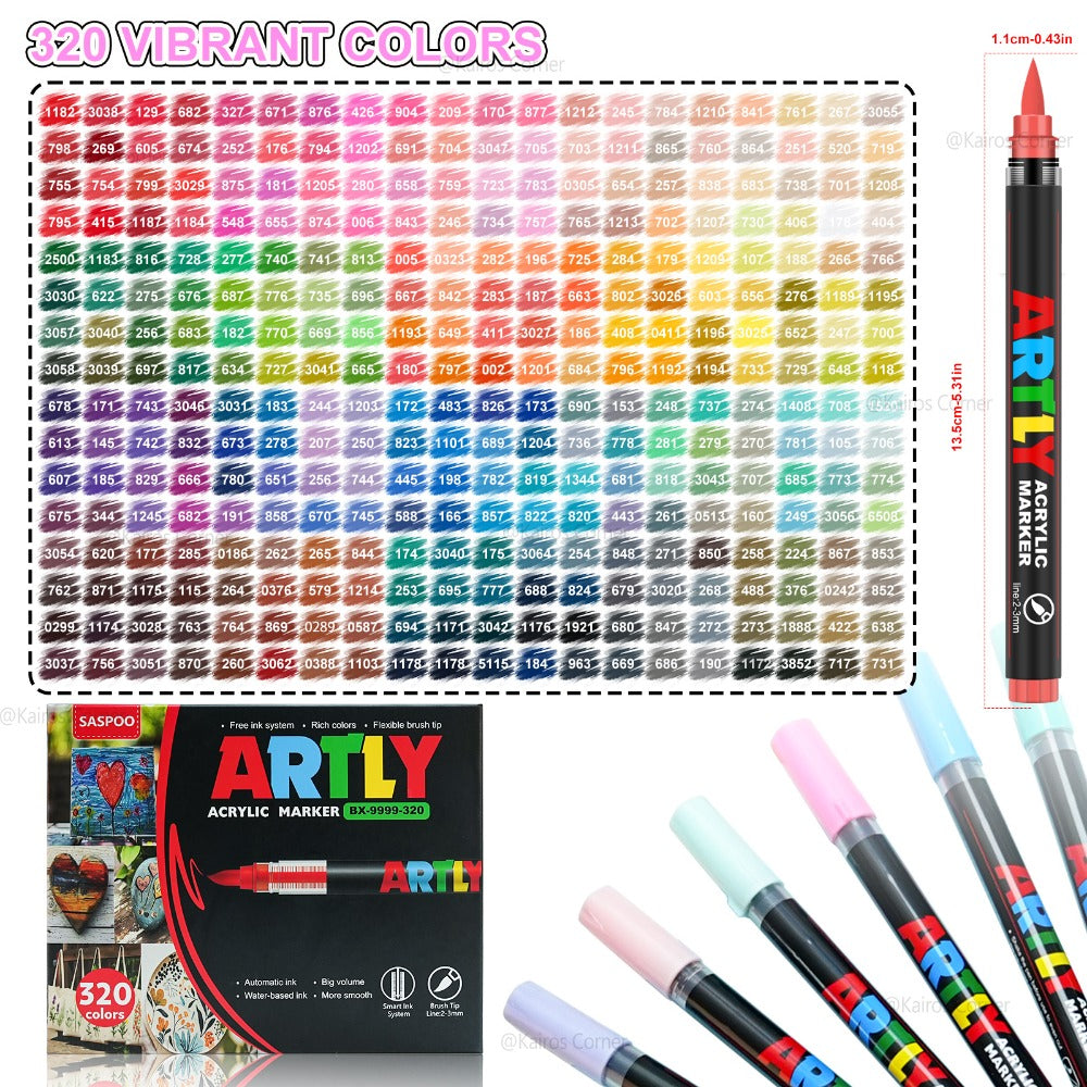 320 Piezas de Marcadores de Pintura Acrílica de Punta Suave y Rotuladores de Acuarela - Alta Calidad, No Tóxicos, Colores Vibrantes con Puntas Finas/Pincel para Manualidades DIY, Arte Anime, Pintura en Tela, Decoración de Cerámica