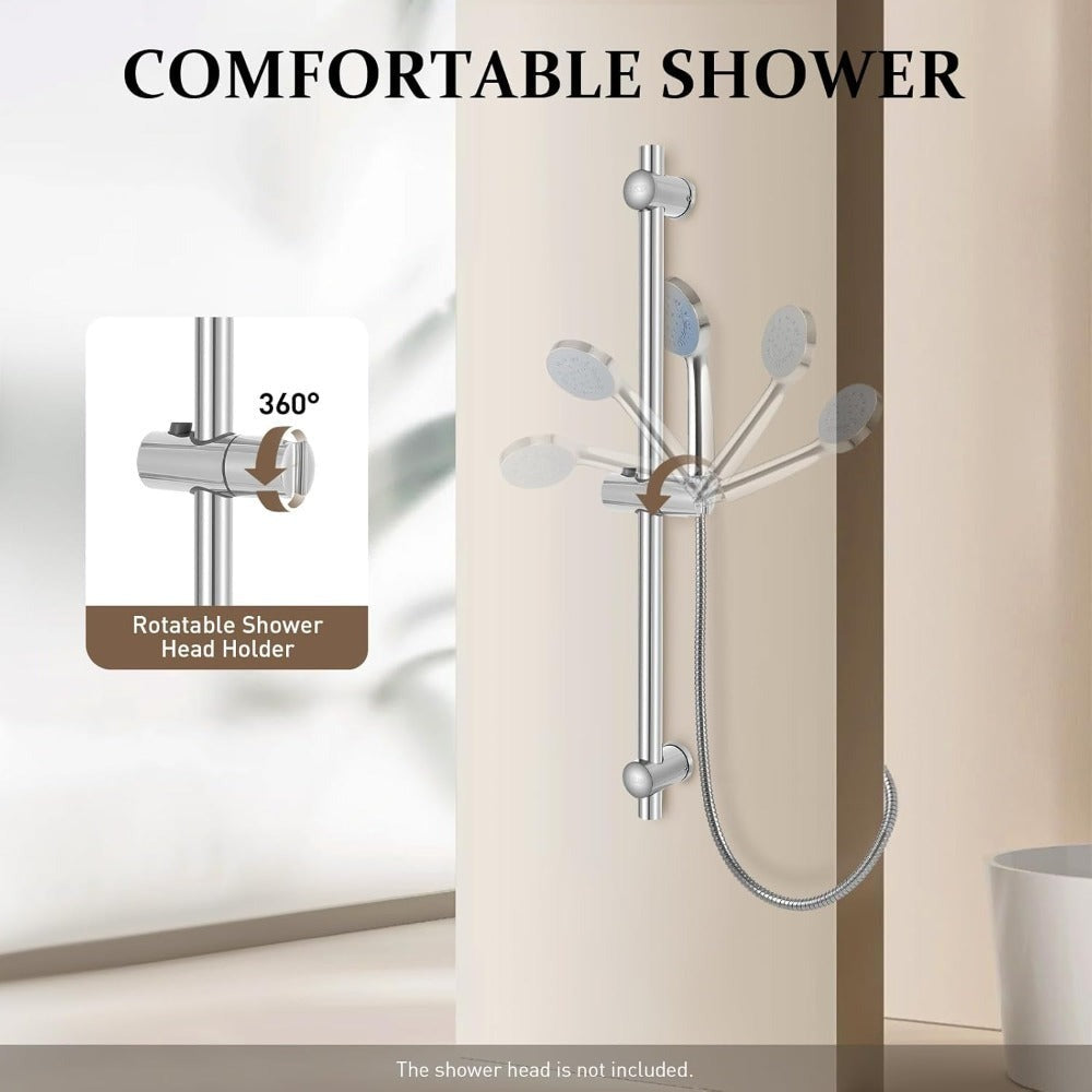 Barra de ducha sin clavos, barra de ducha de acero inoxidable, barra de ducha de 66 cm, barra de ducha de acero inoxidable de altura ajustable, barra de ducha moderna con soporte giratorio de 360° para cabezales de ducha para baños, duchas, hoteles, hogar