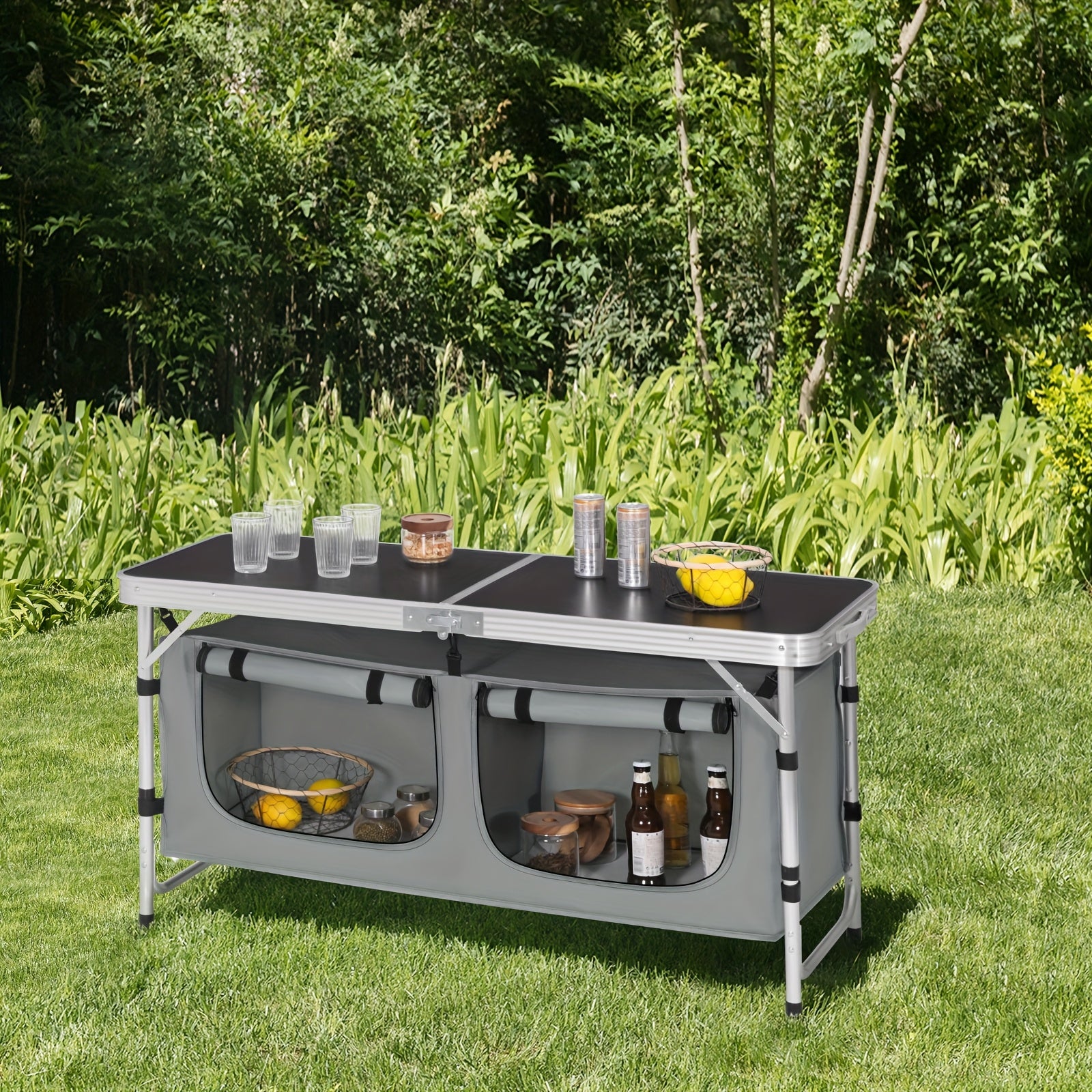 1 pieza Mesa de exterior, mueble de exterior para acampar, equipo de senderismo, mesa de camping, mesa plegable, gabinete de camping plegable, mesa de camping con altura ajustable, espacio de almacenamiento, mueble de camping para exteriores, mesa plegabl