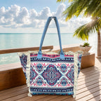 MEJORADA Bolso de playa grande con estampado bohemio, ideal para verano, con flecos de algodón, forro interior y bolsillos, 55×37×19 CM, tejido 100% poliéster
