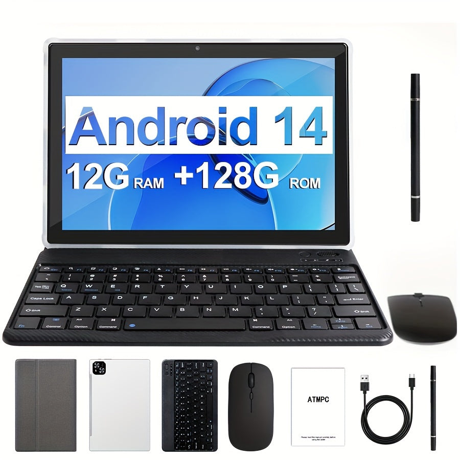 Tabletas Android | Tableta Android 14 de 10.1 Pulgadas, Tabletas 2 en 1 con Teclado, Ratón, Funda, Stylus, 128GB ROM y 12GB RAM (4GB+8GB), Doble