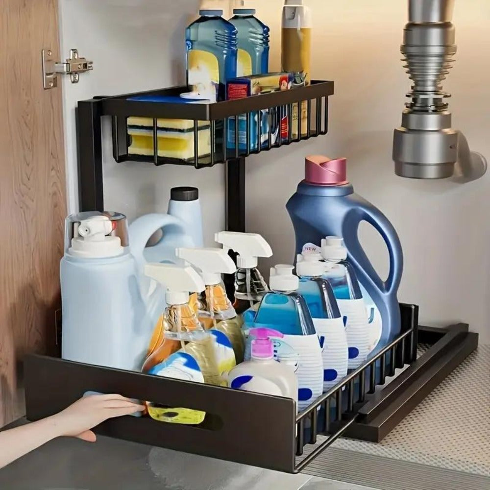 Organizador para debajo del fregadero, estante de almacenamiento para debajo del fregadero, estante organizador extraíble, estante de almacenamiento multifuncional de doble capa para artículos diversos, estante de almacenamiento deslizante de gran capacid