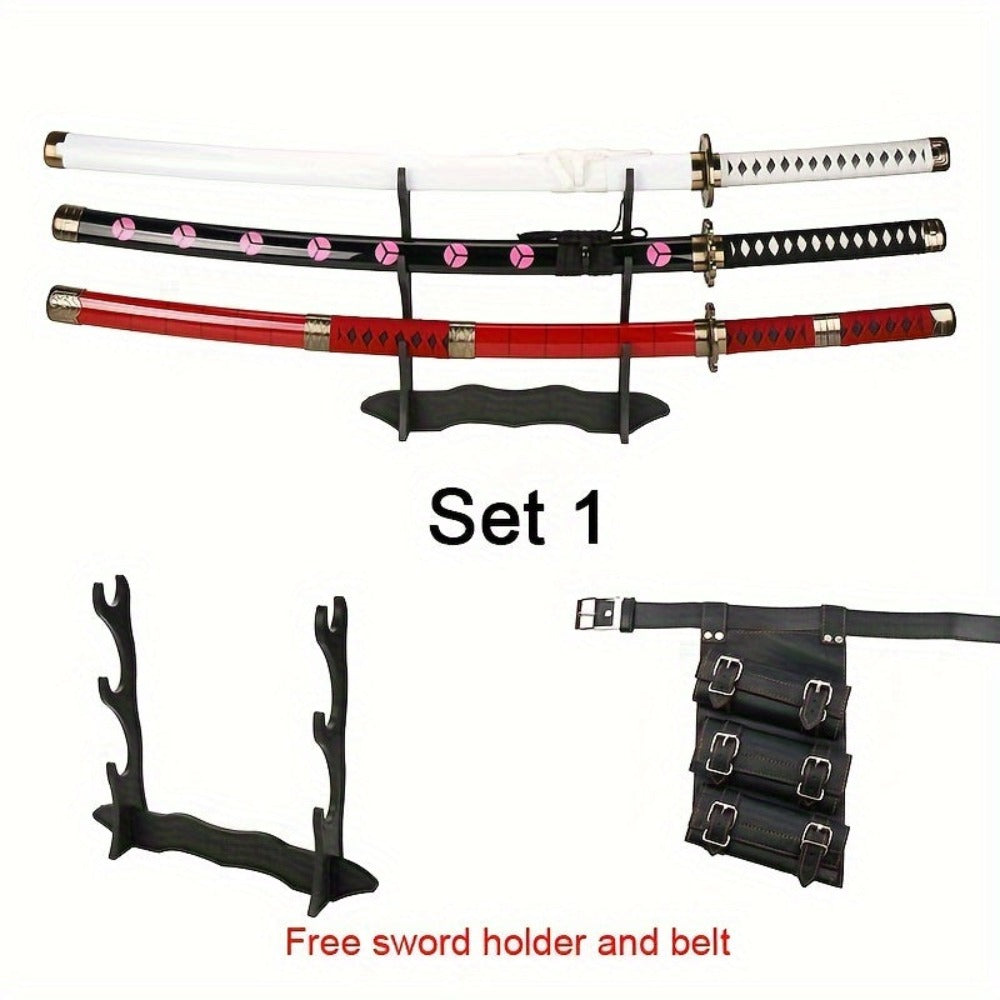 3 Piezas Set de Espadas Anime, Hoja de Bambú Segura No Afilada, Accesorio de Cosplay, Katana Espada Samurái, Regalo de Halloween y Navidad, Cinturón y Soporte para Espada