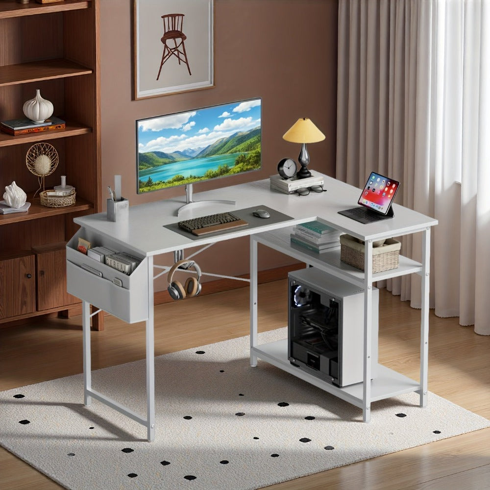 Escritorio en Forma de L, 110 x 80 cm, Escritorio de Esquina Reversible con Bolsa de Almacenamiento, Mesa Sencilla para PC, Juegos, Oficina en Casa, Estudio, Regalo para Hombres