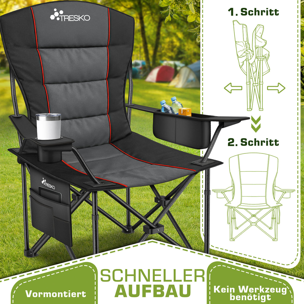 TRESKO® Silla de Camping Plegable hasta 200Kg | Silla Plegable con Bolsa Nevera, Portavasos y Bolsillo Lateral | Silla XXL Plegable Incluye Bolsa de Transporte | Silla de Pesca Acolchada para Exterior, Pesca, Festival y Jardín