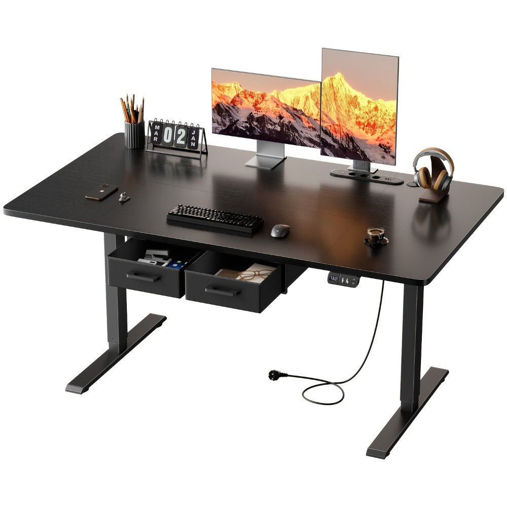 Furnishia Escritorio Eléctrico Elevable con Tomas de Corriente, Escritorio Inteligente con Panel de Memoria y Altura Ajustable con 2 Cajones, Escritorio para Oficina y Estación de Trabajo para Escritura