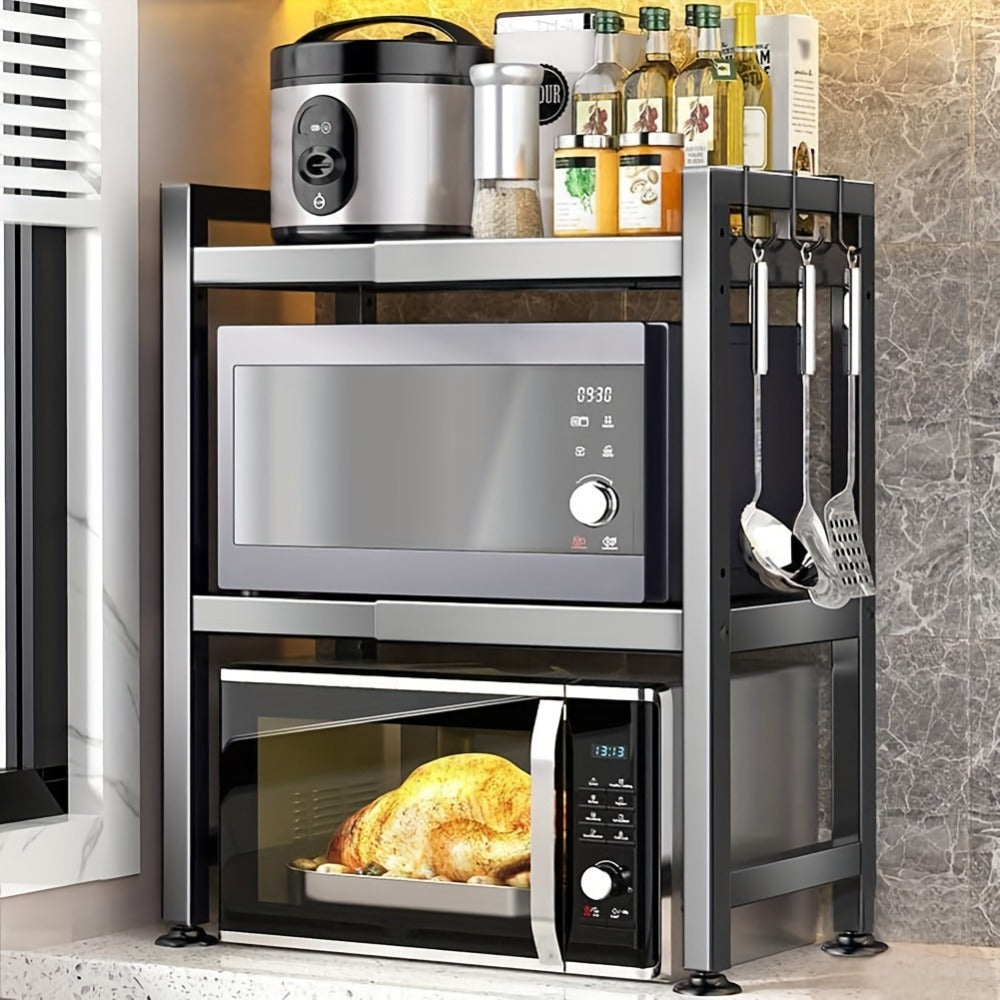 Estante de microondas resistente de 3 niveles ajustable, estante de almacenamiento horizontal para cocina, estante para guardar cubiertos, material de acero al carbono negro mate, equipado con 6 ganchos, artefacto de almacenamiento multifuncional de doble