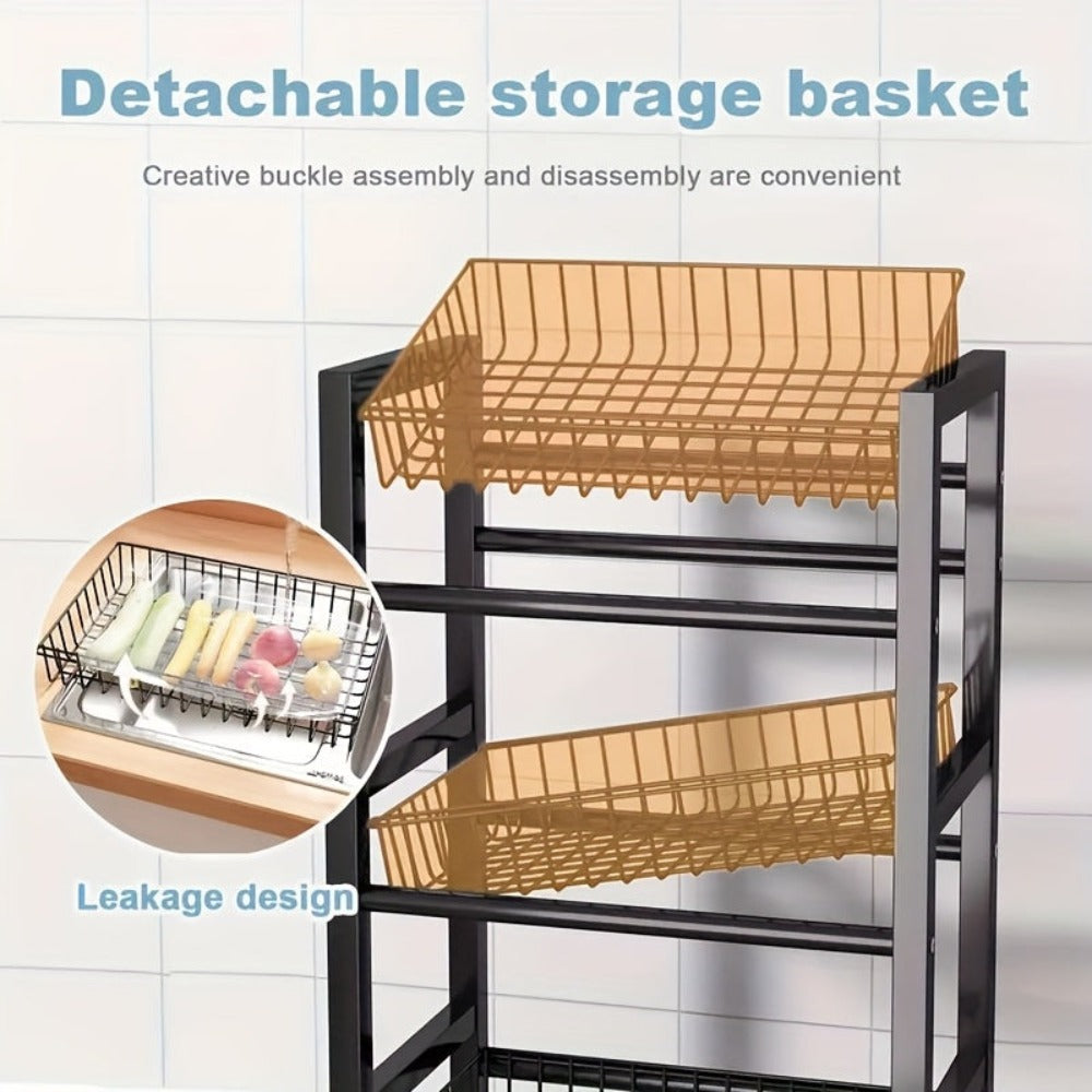 1pc Estante Rodante Ajustable de 4 Niveles con 3 Cestas de Alambre y Estructura Independiente - Unidad de Almacenamiento Móvil Ideal para Garaje, Despensa, Baño, Organizador de Armario, Ahorro de Espacio, Regalo para Hogar Nuevo, Estructura de Metal Pinta
