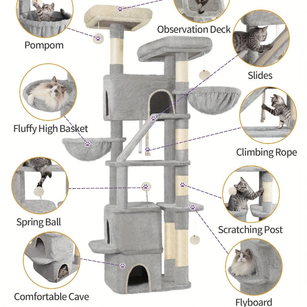 Poste Rascador Grande de 185cm, Torre para Gatos XXL, Árbol para Gato Maine con 7 Niveles y 3 Cuevas, Postes Rascadores, Gris Claro