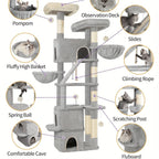 Poste Rascador Grande de 185cm, Torre para Gatos XXL, Árbol para Gato Maine con 7 Niveles y 3 Cuevas, Postes Rascadores, Gris Claro