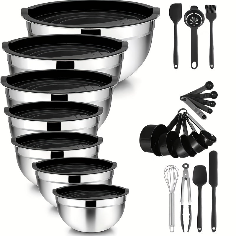 Juego de 7 piezas de ensaladeras prémium de acero inoxidable con tapas, juego de ensaladeras apilables, cuencos duraderos y gruesos, aptos para ensaladas, aptos para lavavajillas y microondas, ideal para Navidad, Hanukkah, Pascua, Acción de Gracias, almac