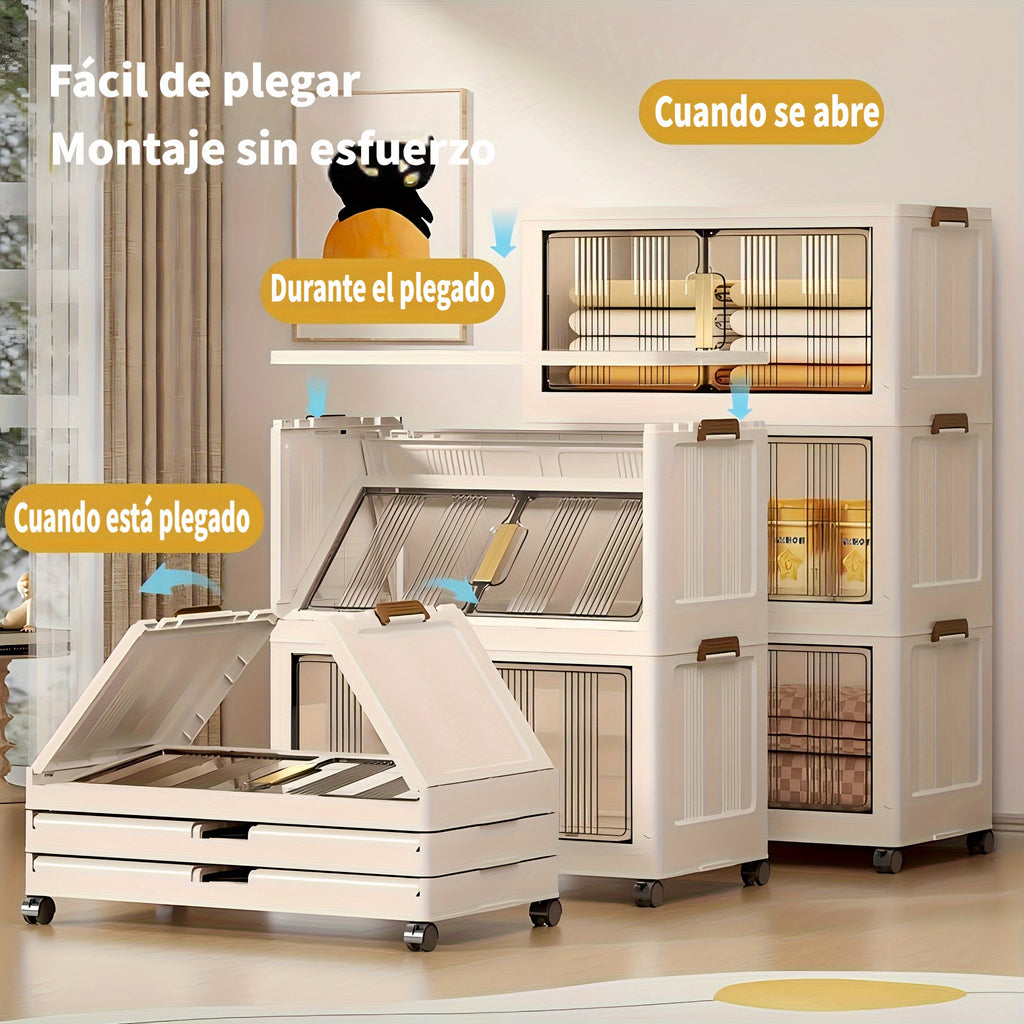 Armario de almacenamiento plegable extragrande de 74 cm, organizador apilable de 3/4/5 niveles con ruedas, puertas transparentes, manijas en tono dorado y cierre magnético para el hogar, oficina, cocina, baño y despensa