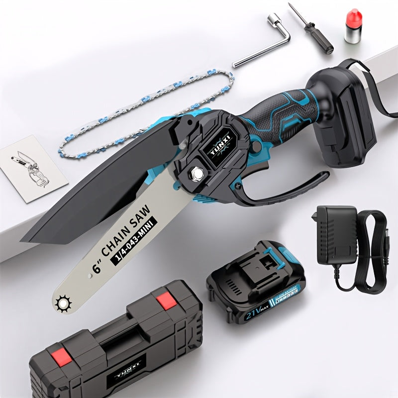 Motosierra Mini Inalámbrica de 6 pulgadas, Motosierra Eléctrica de Mano, Construcción Duradera, Motosierra Compacta, Sierra de Podado Portátil. Adecuada para Recortar Madera y Ramas, Mantenimiento de Jardines y Cuidado del Patio. Motosierra de Iones de Li