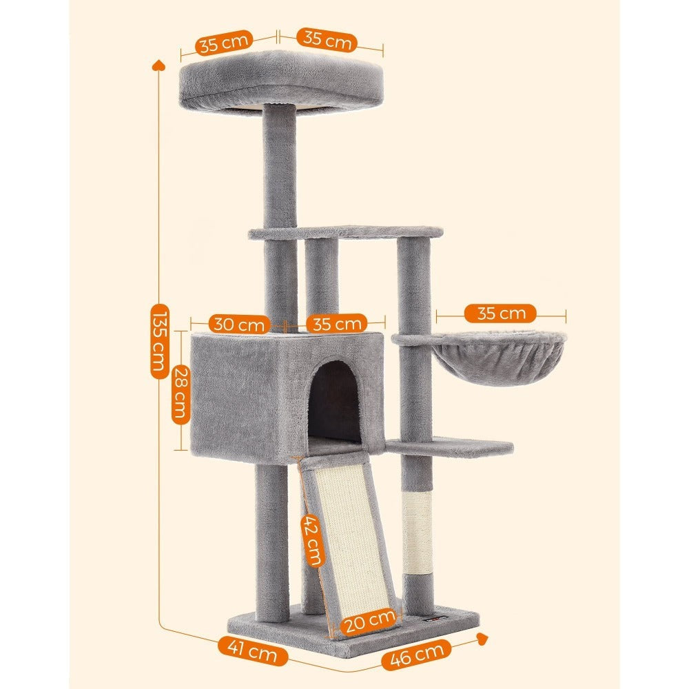 Árbol para Gato de 135 cm, Torre Pequeña con Postes Rascadores, Paraíso de los gatos
