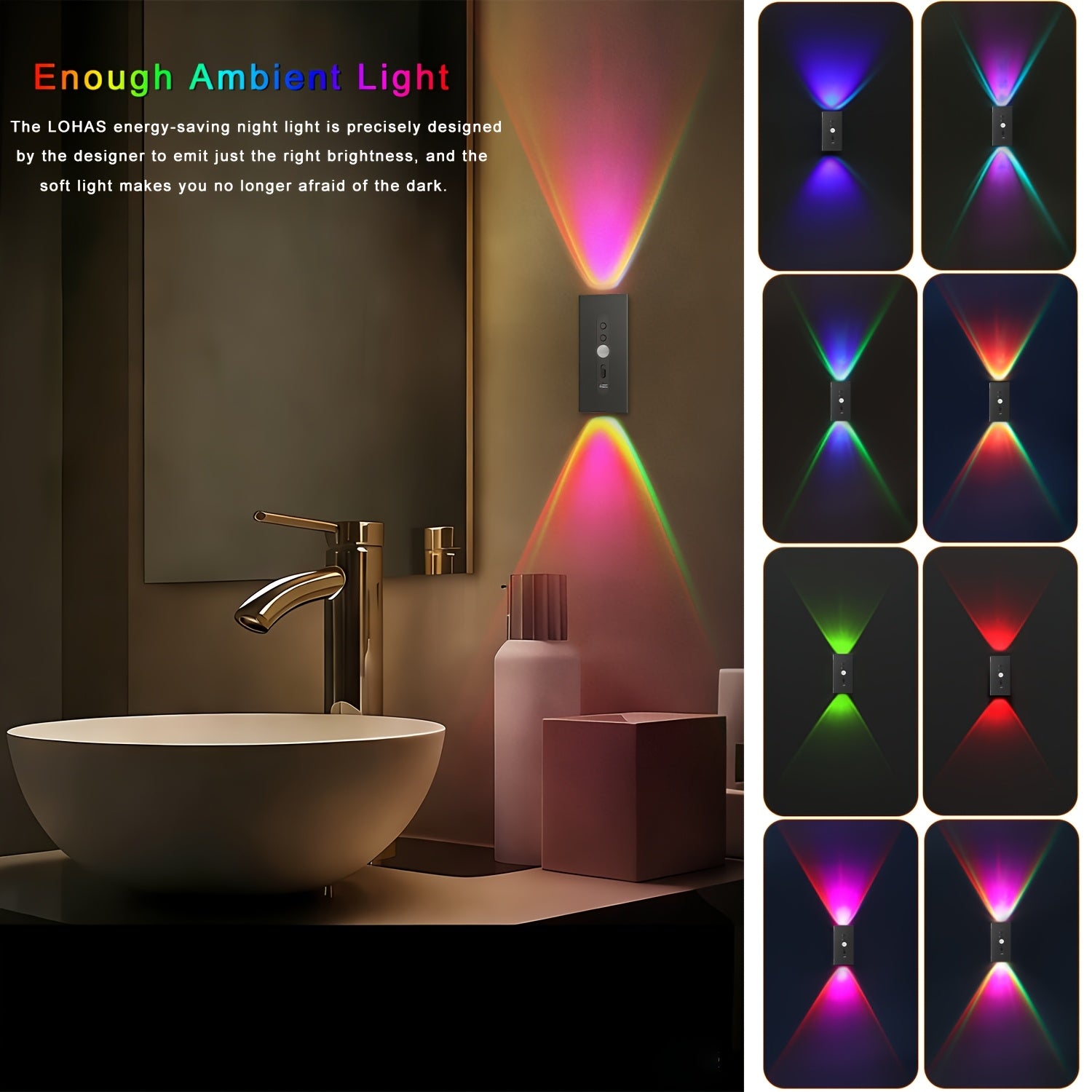 Juego de 2/4 piezas de luz nocturna LED con sensor de movimiento, 7 colores, recargable por USB para decoración de dormitorio, luz nocturna creativa para baños, pasillo, armario, iluminación ambiental para aplique de pared de sala de estar