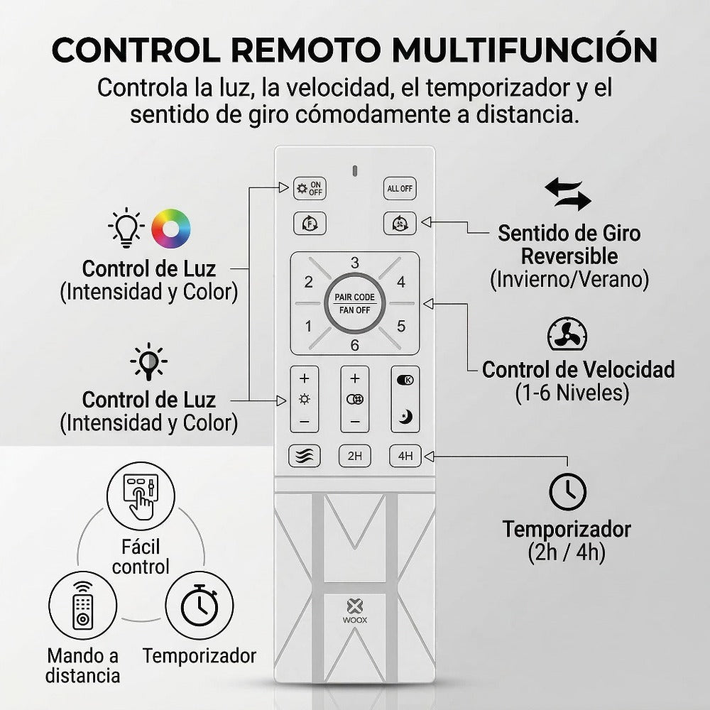 Ventilador de techo moderno con luz LED de 50W con regulación continua, aspas retráctiles y mando a distancia – Motor DC de cobre puro silencioso, bajo consumo y larga duración, brillo y temperatura ajustables, 6 velocidades, memoria y temporizador. Ideal
