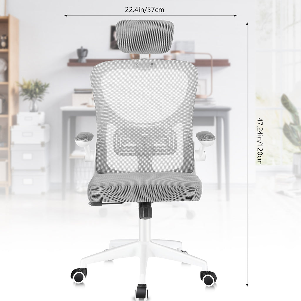 Silla de Oficina con Función de Inclinación de 105°, Silla de Oficina Ergonómica con Soporte Lumbar, Reposacabezas y Reposabrazos Ajustable, Silla Giratoria, Silla de Oficina de Altura Ajustable 120Kg, Blanca