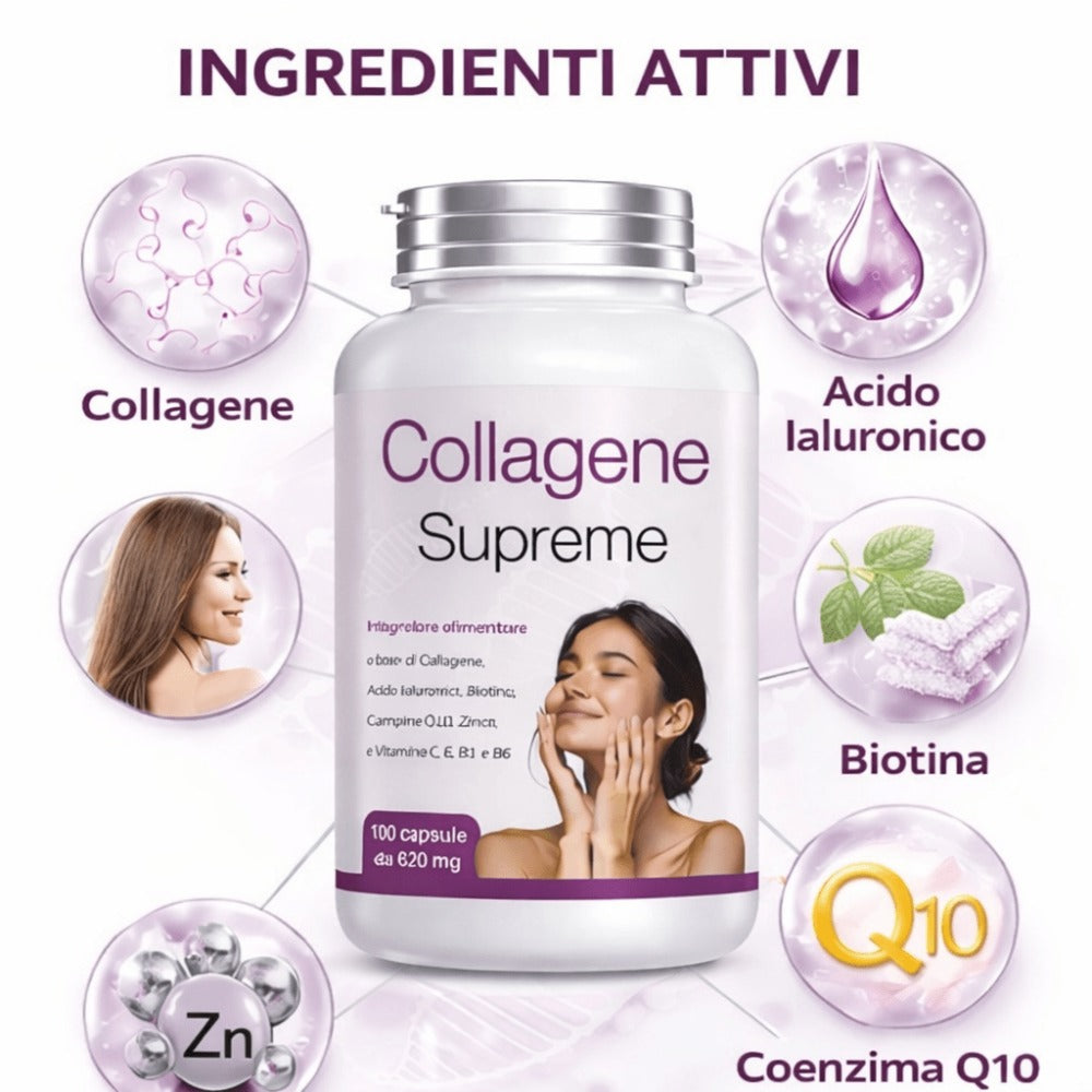 Suplemento de colágeno y ácido hialurónico con coenzima Q10 y biotina - 180 cápsulas - Producto natural - Hecho en Italia - Envío rápido desde almacén local