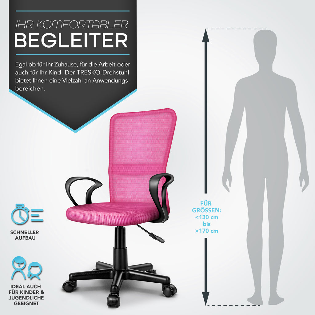 Silla de Oficina TRESKO® con Reposabrazos, Altura Ajustable Continua | Silla Giratoria de Malla Transpirable | Silla de Escritorio con Ruedas de Plástico Ligeras, Superficie Acolchada, Ajuste Ergonómico | Silla de Ordenador Ideal para Oficina en Casa, Hab