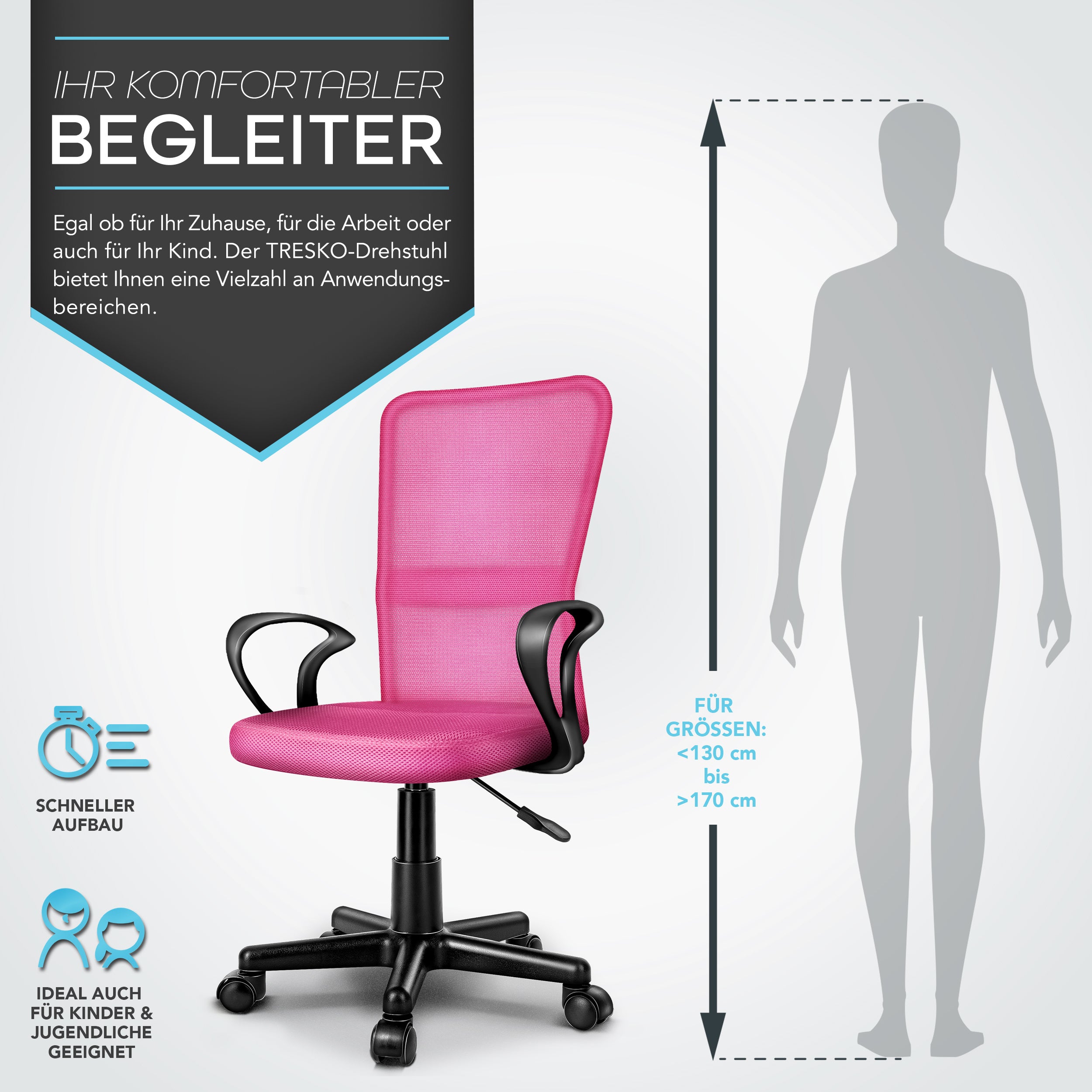 Silla de Oficina TRESKO® con Reposabrazos, Altura Ajustable Continua | Silla Giratoria de Malla Transpirable | Silla de Escritorio con Ruedas de Plástico Ligeras, Superficie Acolchada, Ajuste Ergonómico | Silla de Ordenador Ideal para Oficina en Casa, Hab